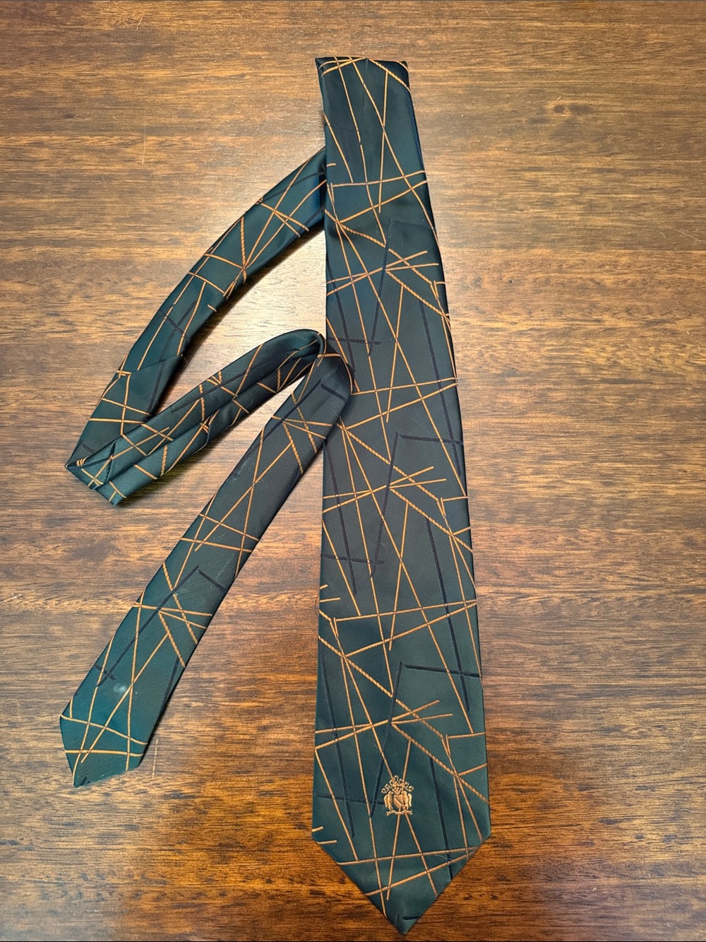 Vintage Karol’s Men's Forest Green Tie with Gold Geometric Lines